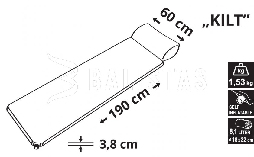 Zelfopblazend slaapmatje Kilt 3,8cm met kussen