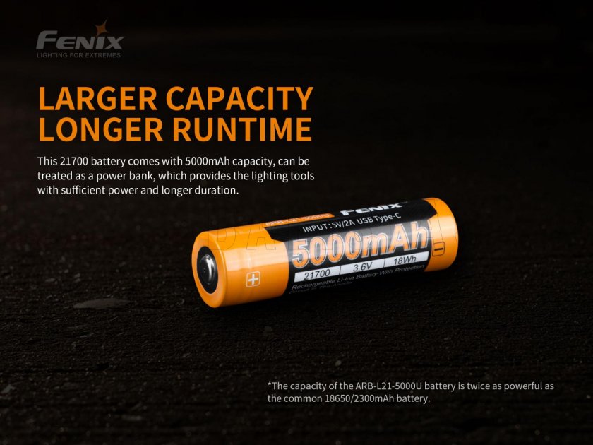 Oplaadbare batterij Fenix 21700 5000 mAh met USB-C (Li-Ion)