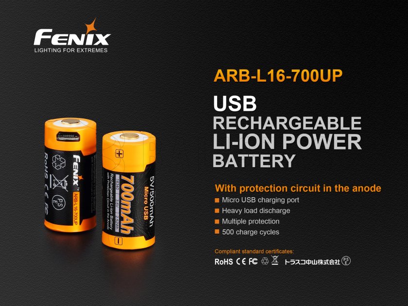 Oplaadbare USB batterij Fenix RCR123A/16340 (Li-ion)