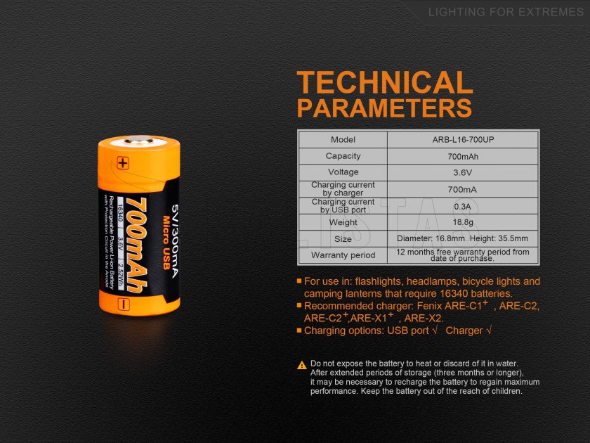 Oplaadbare USB batterij Fenix RCR123A/16340 (Li-ion)