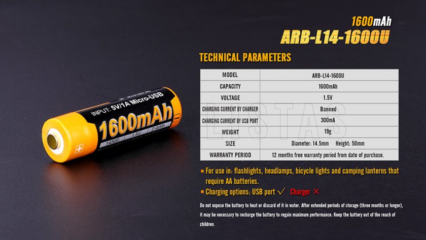 Oplaadbare USB AA batterij Fenix ARB-L14-1600U