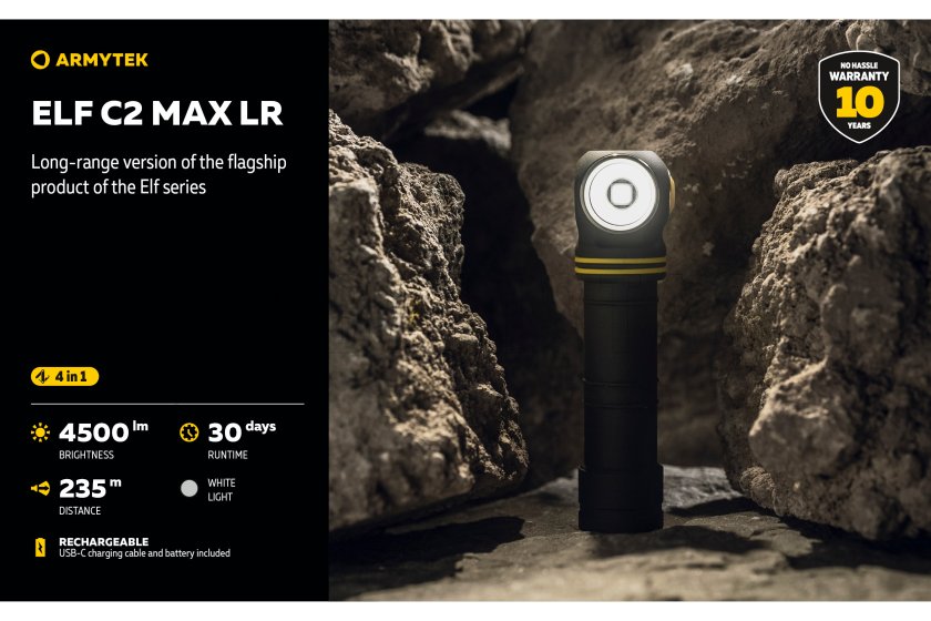 Multifunctionele zaklamp Armytek Elf C2 MAX LR USB-C wit licht